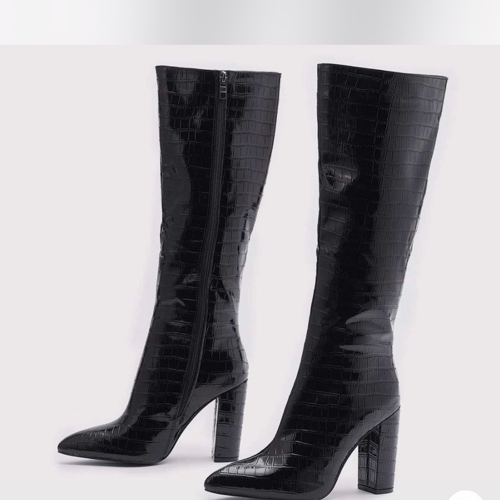 SHEIN Women's Black Pointed Toe Stone Print Chunky Heel Leather Knee-High Boots